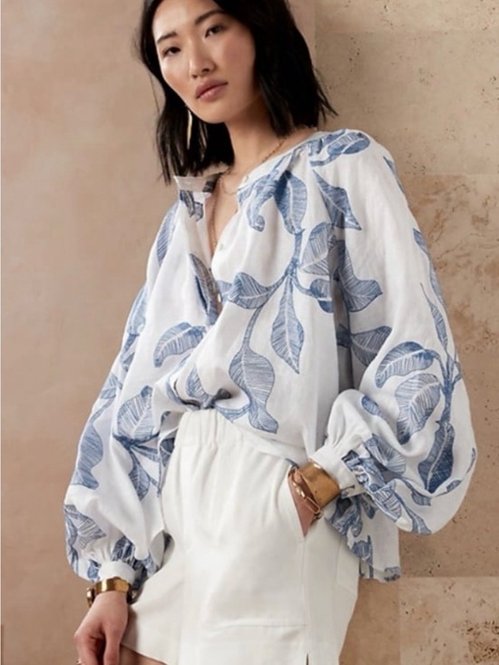 Banana Republic Tops - Banana Republic White Blouse with Blue Leaf Print